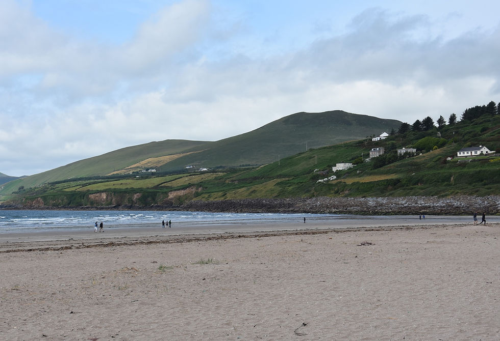 La plage de Inch en Irlande entourée de collines verdoyantes.