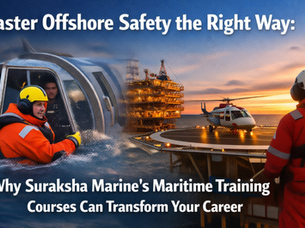 Promotional cover image for Suraksha Marine showing offshore safety training scenarios, including a helicopter landing on an offshore platform, a worker in sea survival gear, and emergency response conditions, with bold white text reading “Master Offshore Safety the Right Way: Why Suraksha Marine’s Maritime Training Courses Can Transform Your Career.”