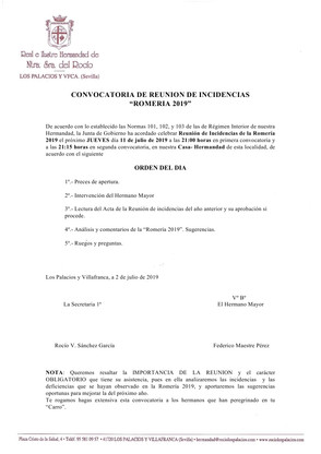 Convocatoria de Reunión de Incidencias Romería 2019.