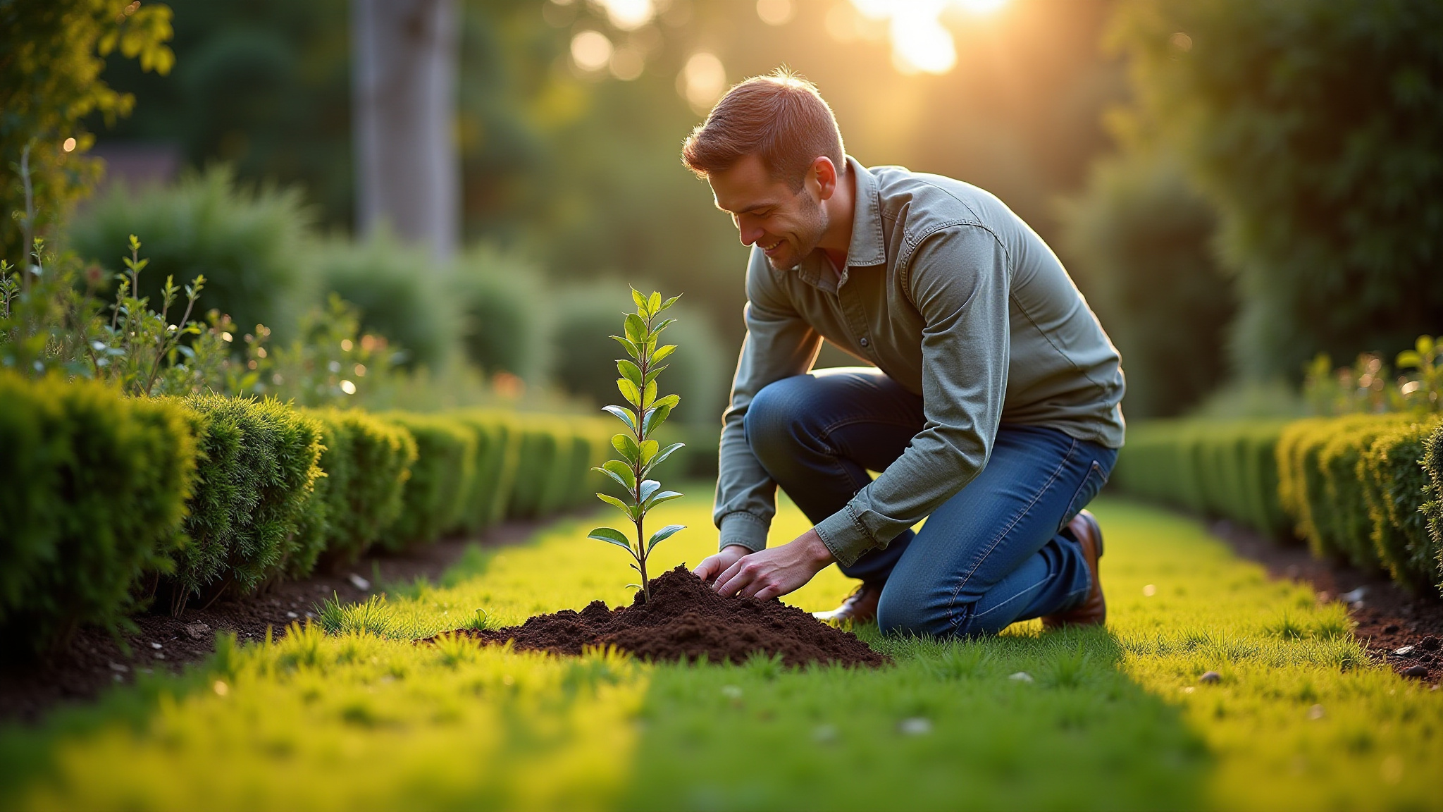 Man planting small tree in garden, green grass, bright sunlight.
