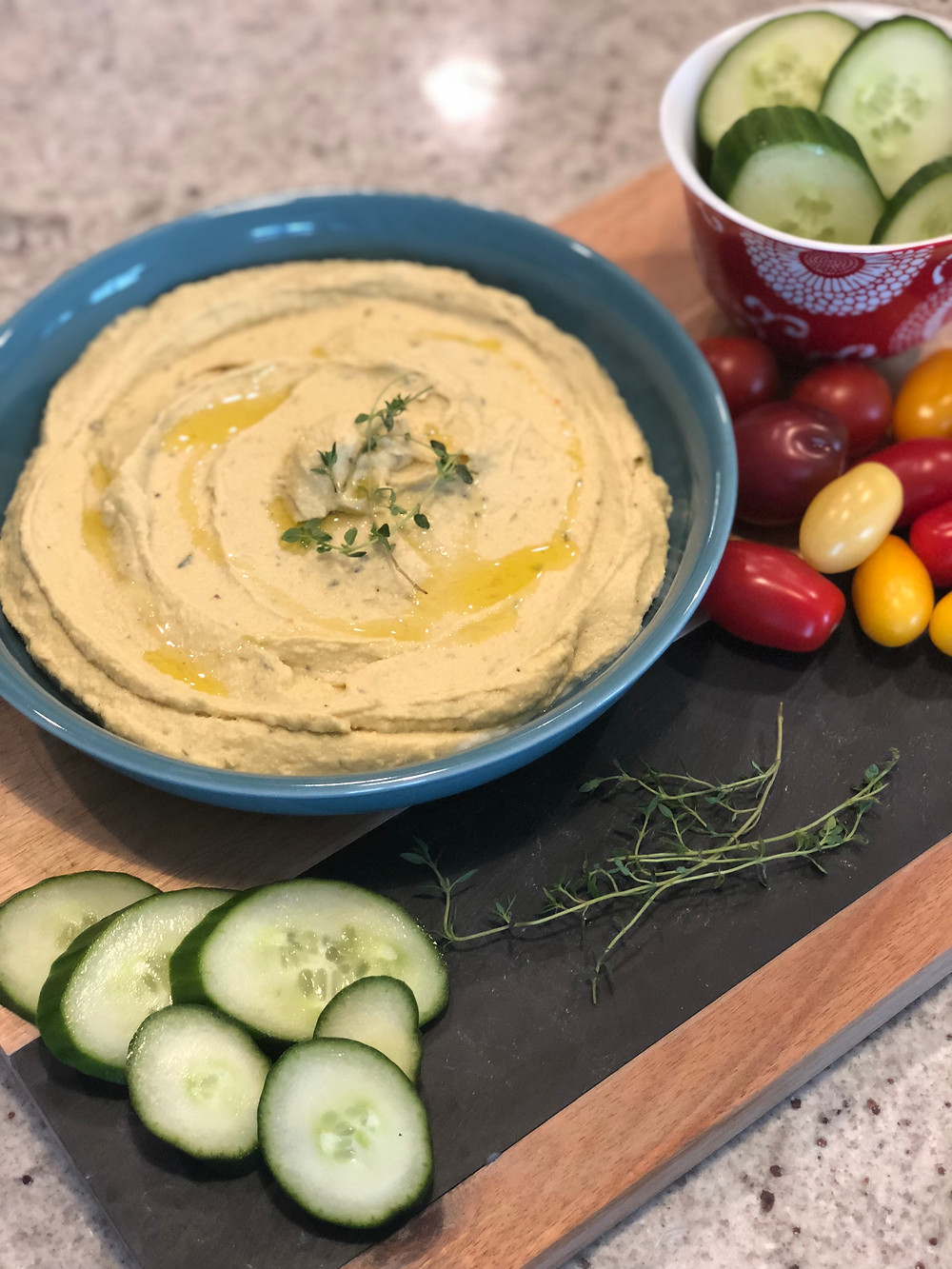Avocado Hummus, Cucumber, Tomatoes