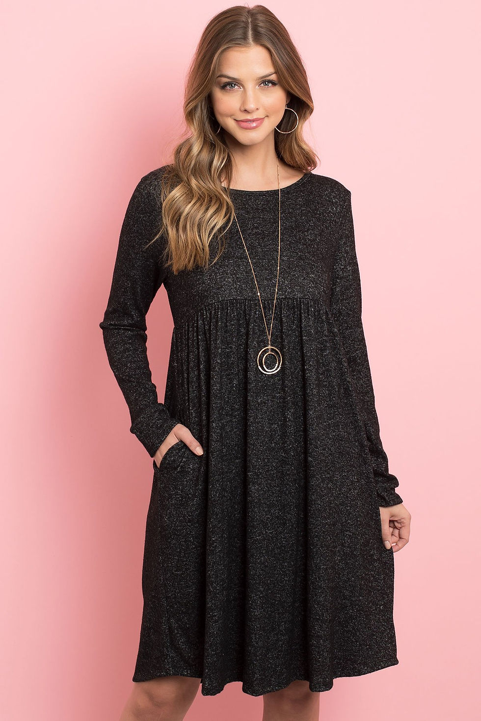 Thumbnail: Boat Neck Brushed Hacci Round Hem Dress