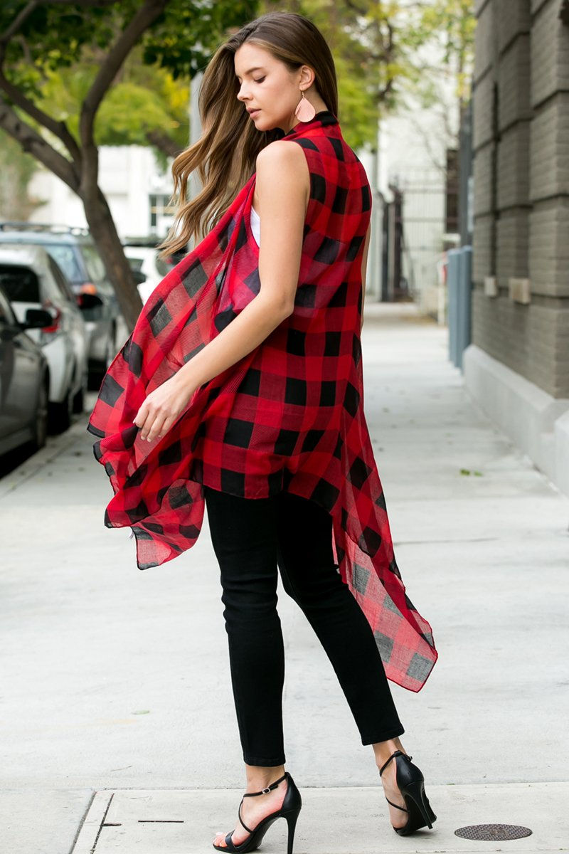 Miniatura: Hdf2567bk - Black Plaid Knee Length Kimono Cardigan