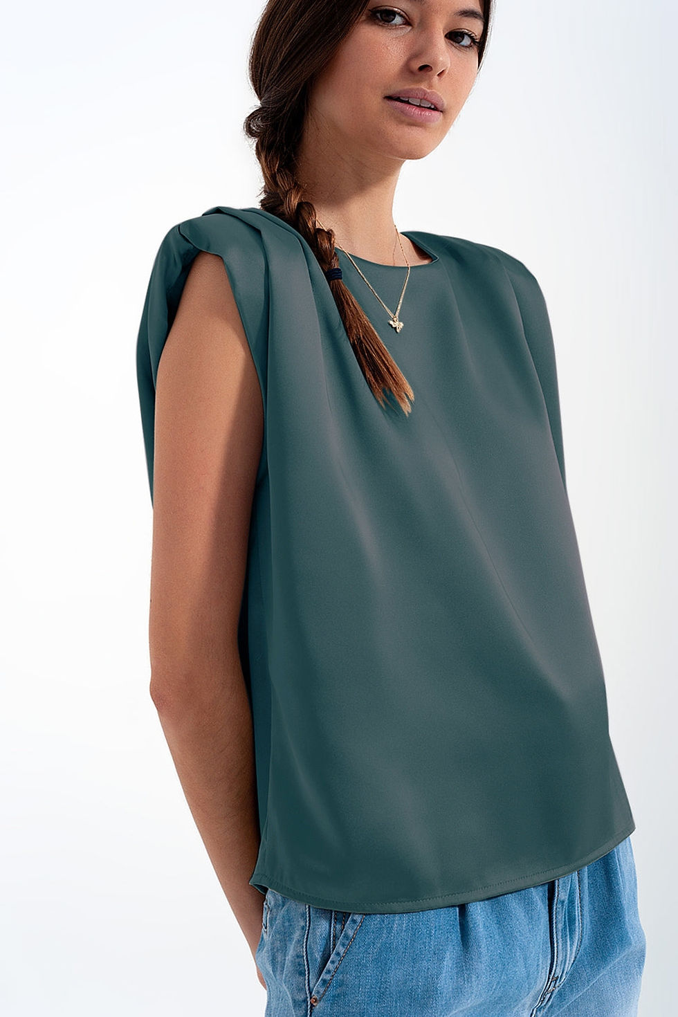 Thumbnail: Gathered Satin Shoulder Pad Sleeveless Top in Green