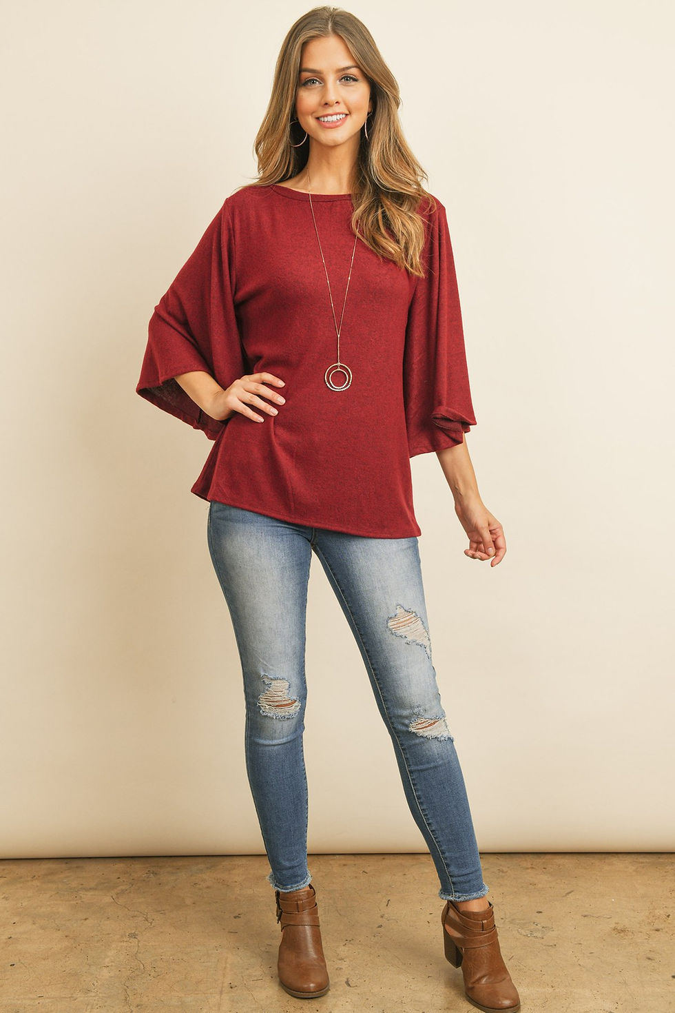 Miniatura: Boat Neck Bell Sleeve Solid Hacci Brushed Top