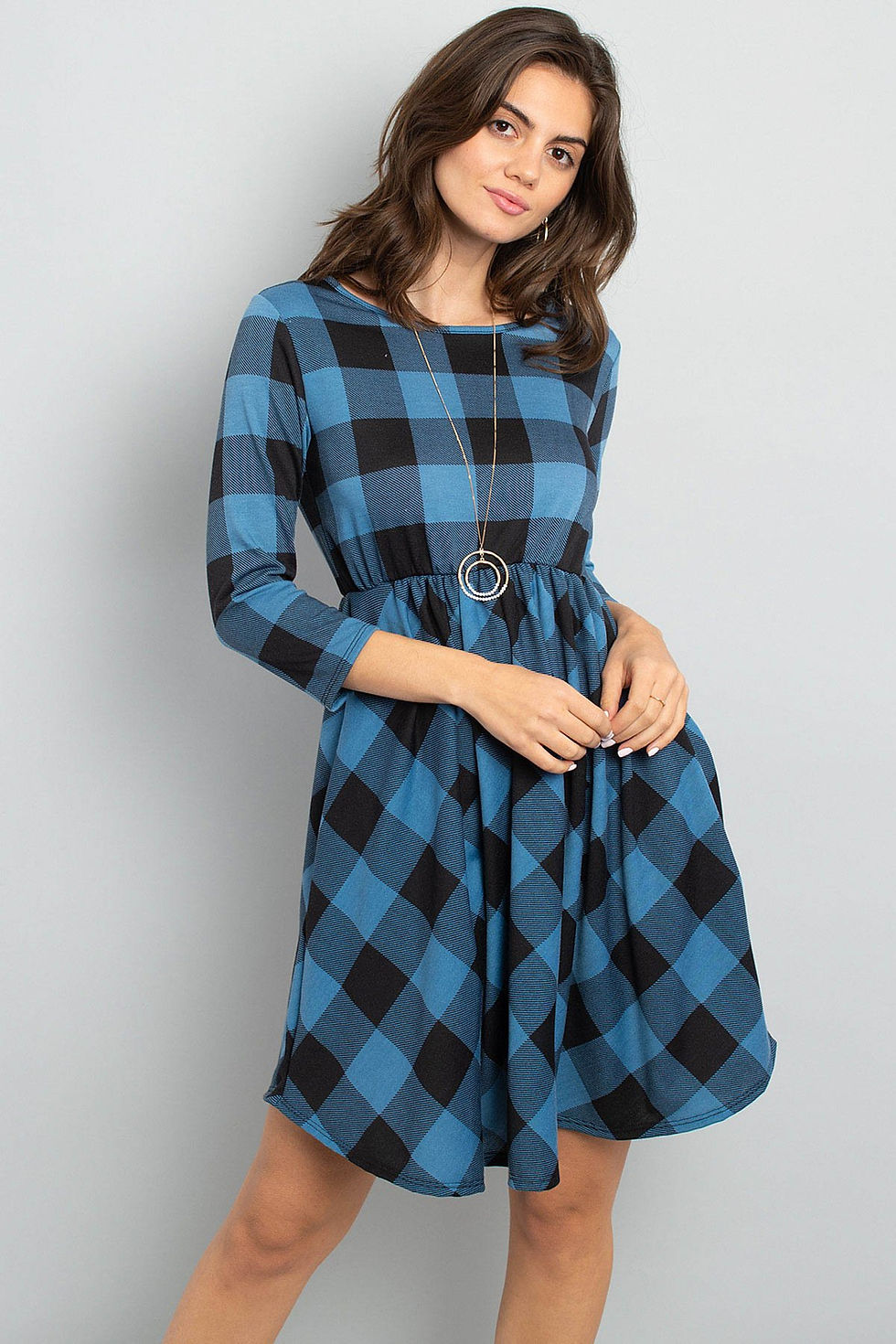 Miniatura: Cinch Waist Quarter Sleeves Plaid Dress