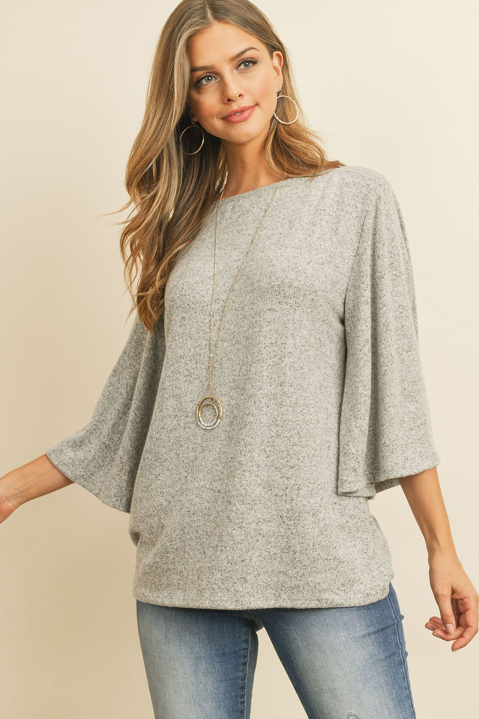 Miniatura: Boat Neck Bell Sleeve Solid Hacci Brushed Top