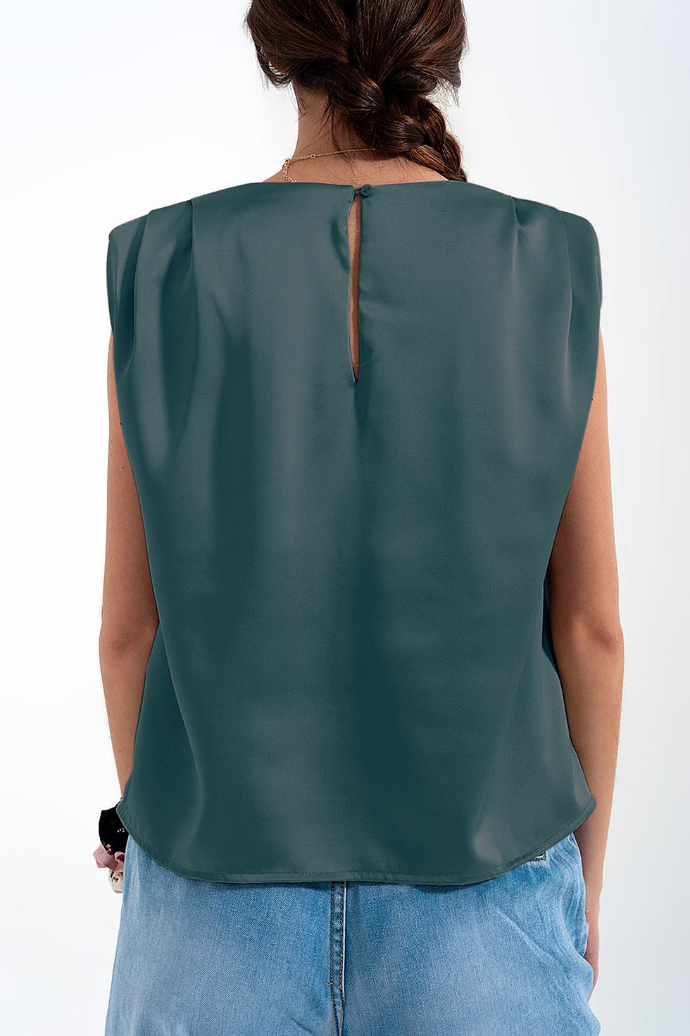 Thumbnail: Gathered Satin Shoulder Pad Sleeveless Top in Green