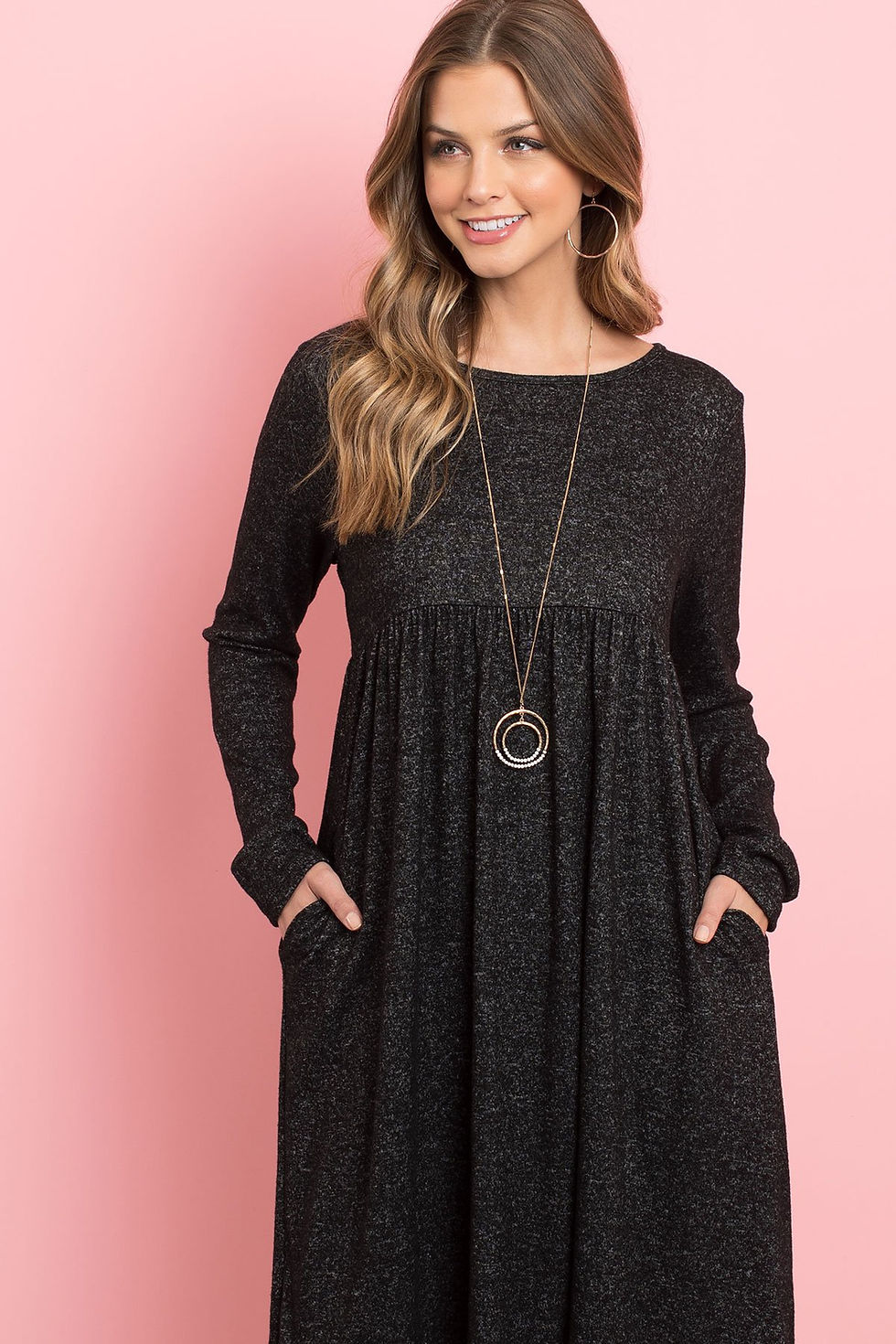 Thumbnail: Boat Neck Brushed Hacci Round Hem Dress