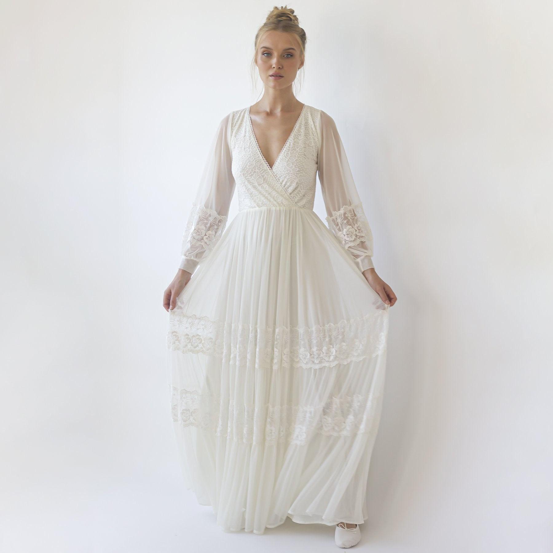Bestseller Ivory Wrap Lace Wedding Dress With Chiffon Mesh Sleeves #1352