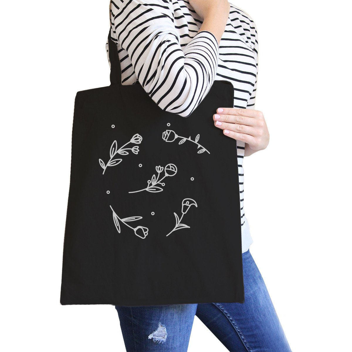 Icon Floral Pattern Black Canvas Bag Versatile Tote Bag for Teacher