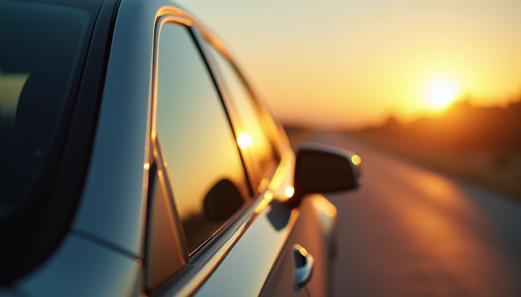 Close-up view of a car window with ceramic tint reflecting sunlight