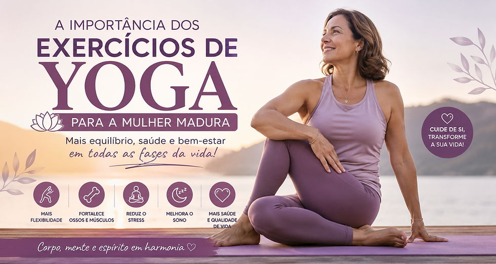 Uma mulher madura pratica yoga ao ar livre durante o nascer do sol, sentada sobre um tapete de exercício junto a um lago tranquilo. A imagem transmite serenidade, equilíbrio e bem-estar, com um fundo em tons suaves e o título "A Importância dos Exercícios de Yoga para a Mulher Madura". O banner destaca os benefícios do yoga, como maior flexibilidade, fortalecimento dos ossos e músculos, redução do stress, melhoria do sono e promoção da saúde e da qualidade de vida.