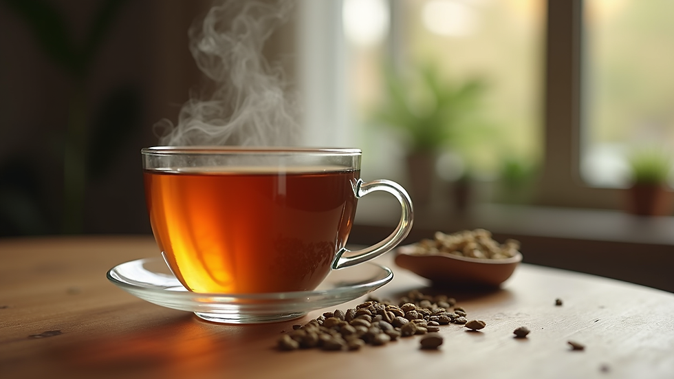 Close-up view of a steaming cup of herbal tea on a wooden table