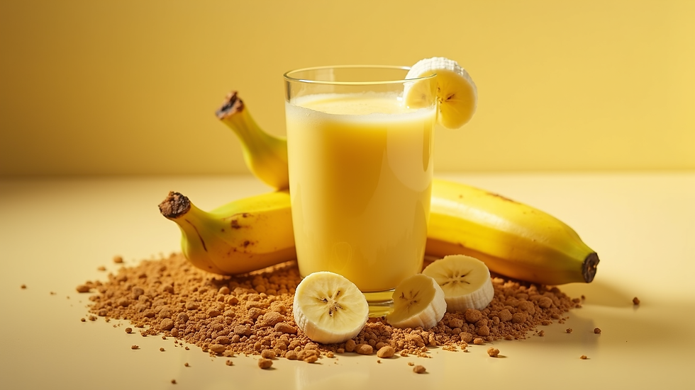 Vista aérea de um copo de suco energético com beterraba, banana e gengibre, rodeado pelos ingredientes frescos