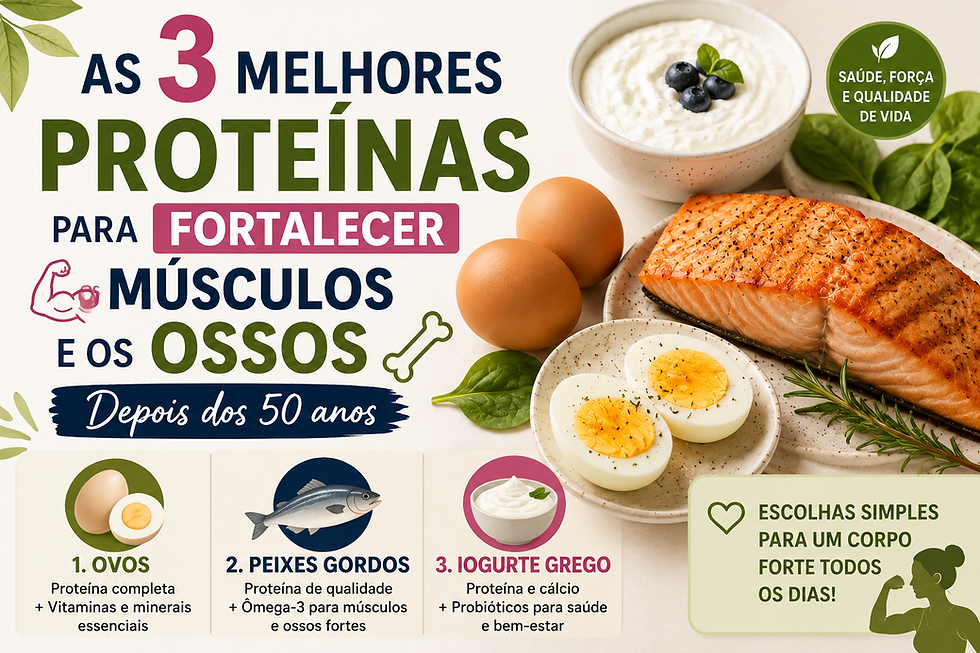 Banner com ovos, salmão e iogurte grego natural, destacando as três melhores fontes de proteína para preservar a massa muscular, fortalecer os ossos e promover um envelhecimento saudável