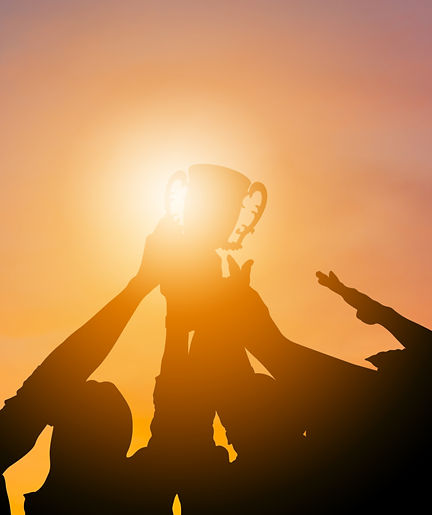 Silhouette of Business team with clipping path holding award trophy show their victory whe