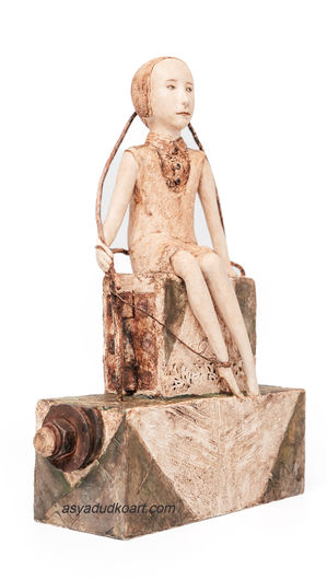 Adrift With All I Carry, original figurative sculpture by Asya Dudko, depicting a traveller in a small boat filled with sculpted faces and symbolic objects, representing memories, dreams, and life experiences.