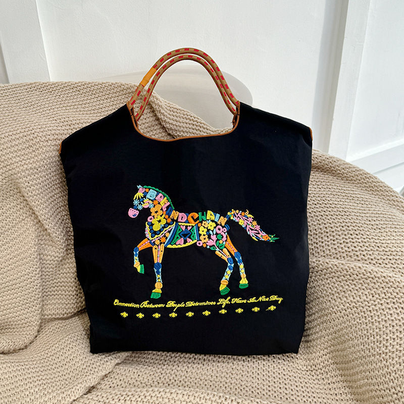 Large black flower horse embroidery bag