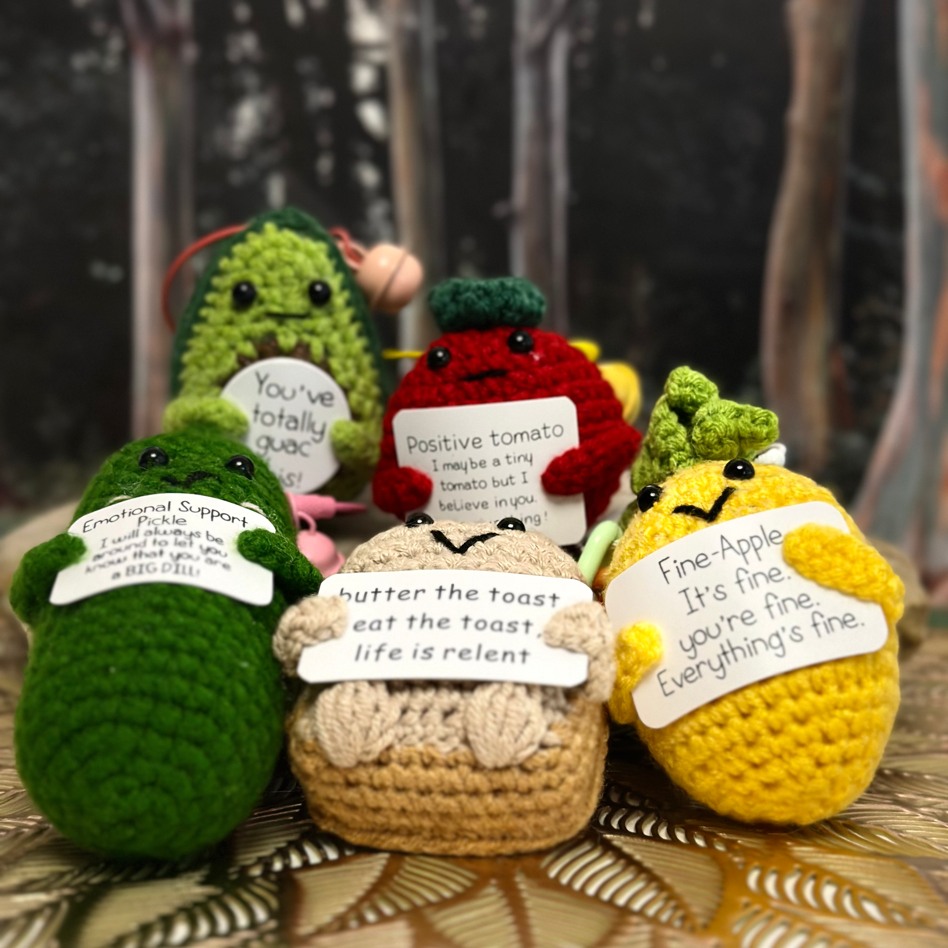 Five Plush Handmade Fruits & Vegetables Bag Accessory with Inspiring Sitting on Rock.