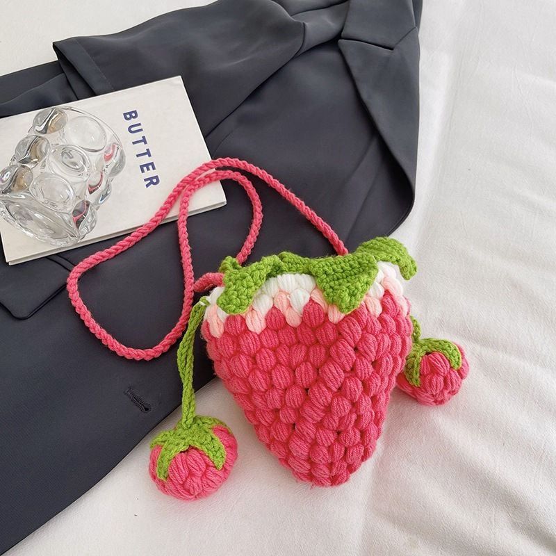 Thumbnail: Healing pink and light red strawberry handmade knitting bag