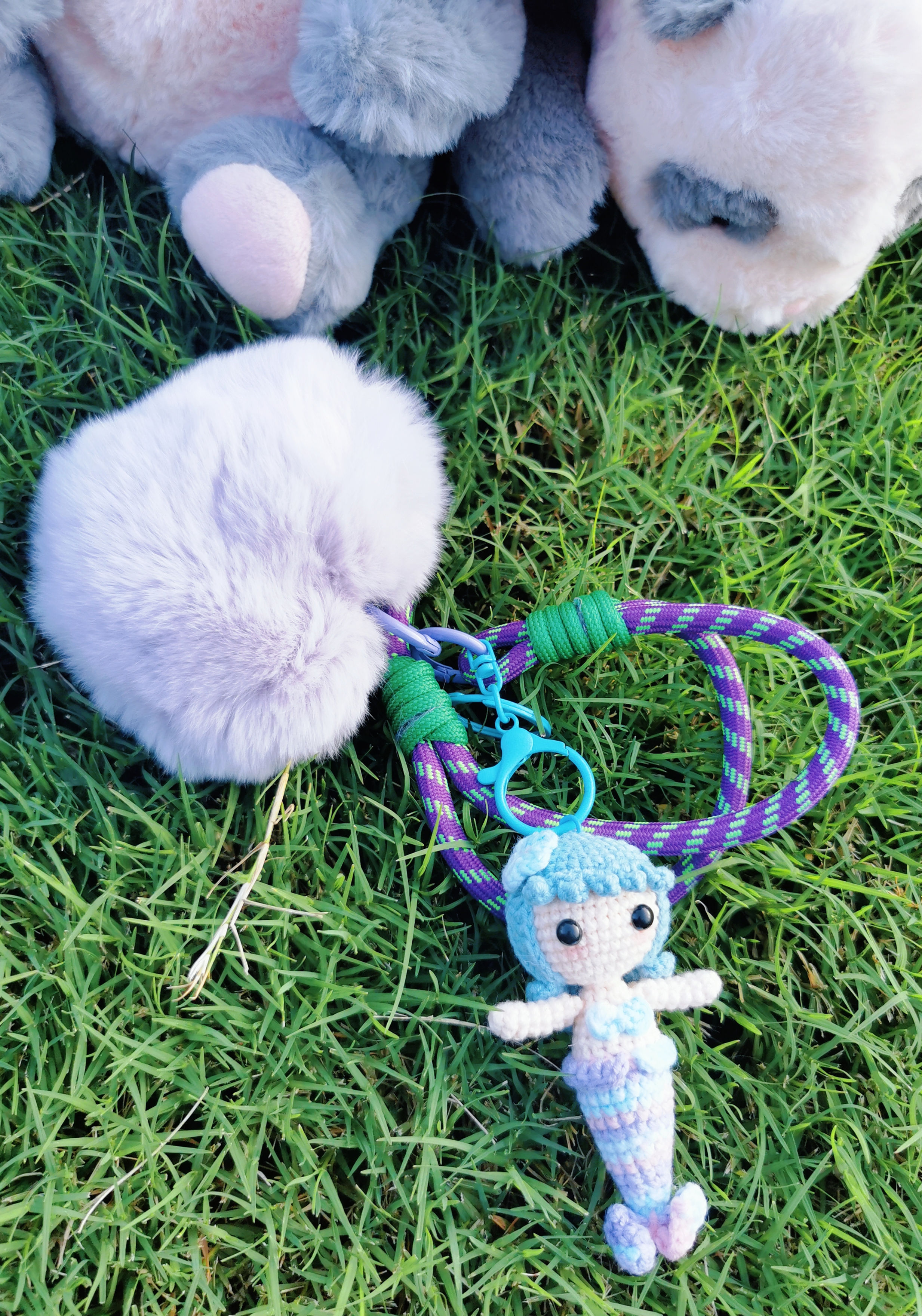 Enchanting Lavender Mermaid & Fluffy Pom-Pom Charm with Braided Keychain! 🧜‍♀️
