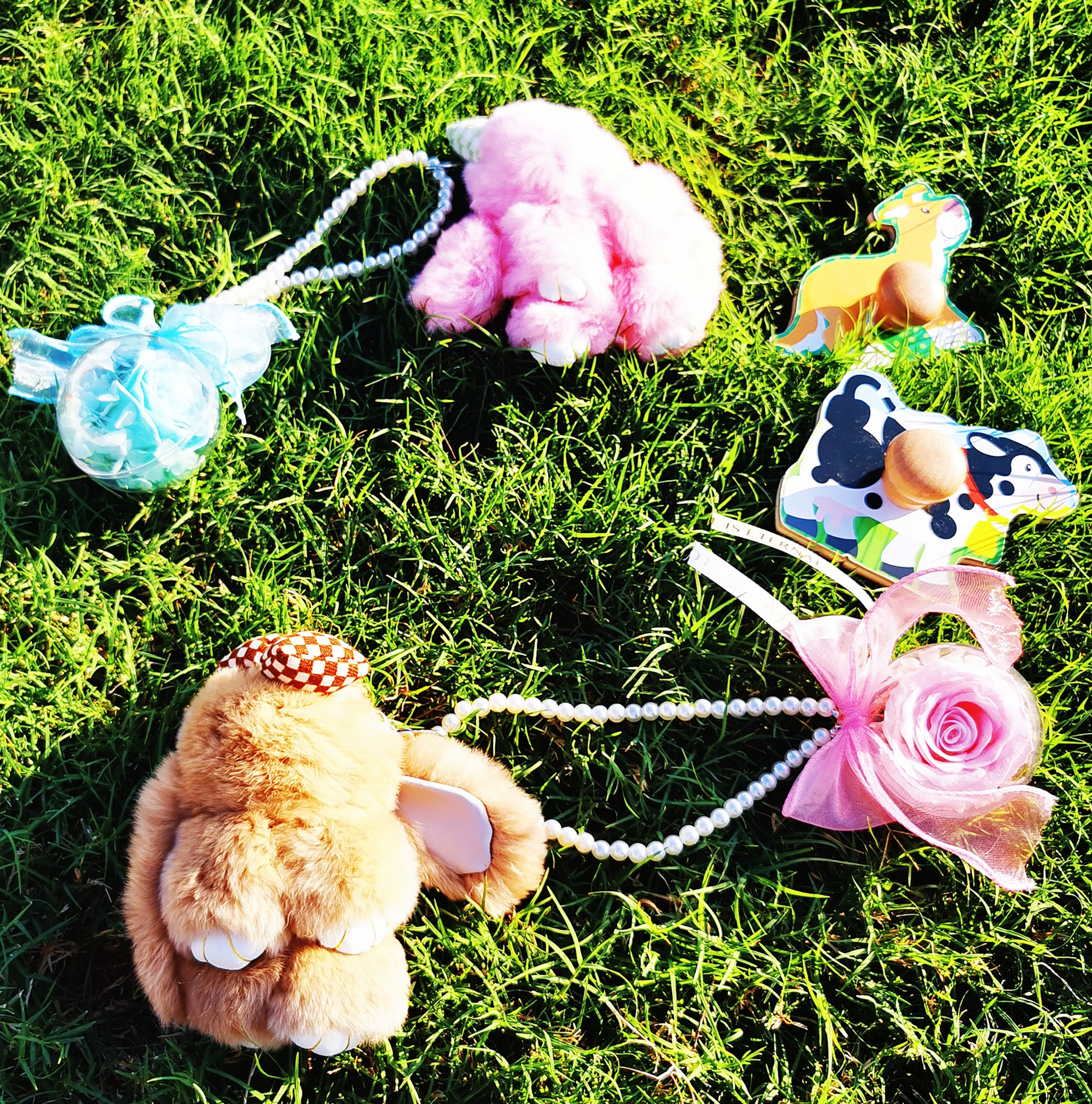 ๐๐ธโจ Elegant Furry Bunny Keychains with Grand Preserved Rose & Pearl Chains