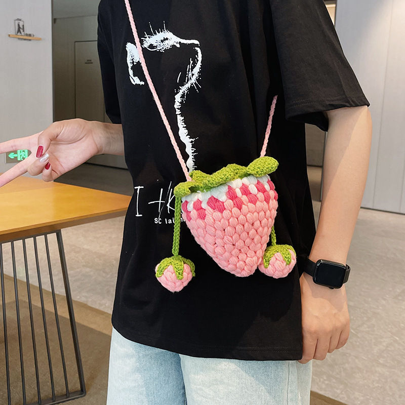 Thumbnail: Healing pink and light red strawberry handmade knitting bag