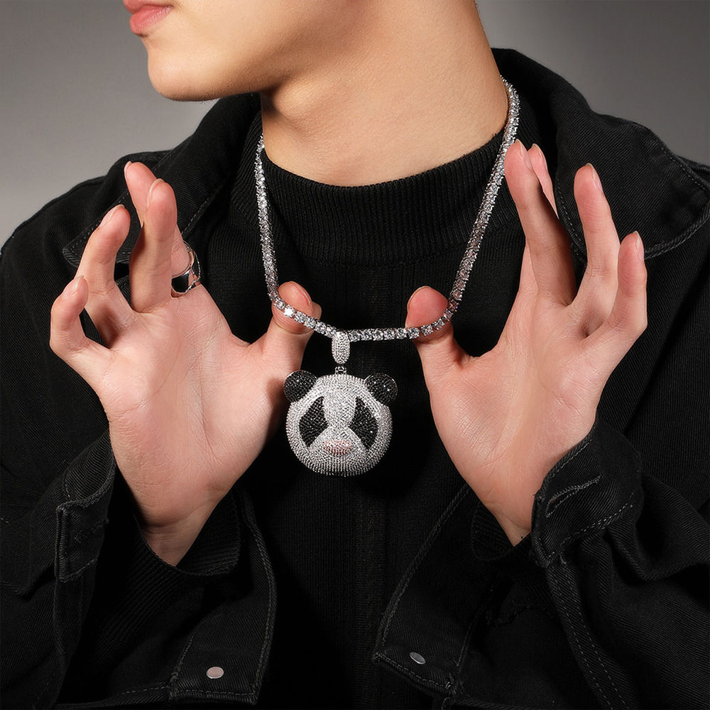 Hip pop stylist copper and zircon hand-made panda face necklace and ring