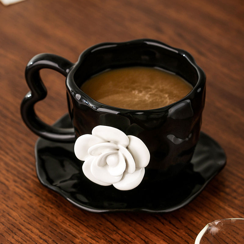 Thumbnail: Classic 3D White Rose Black French Style Coffee Cup & Saucer