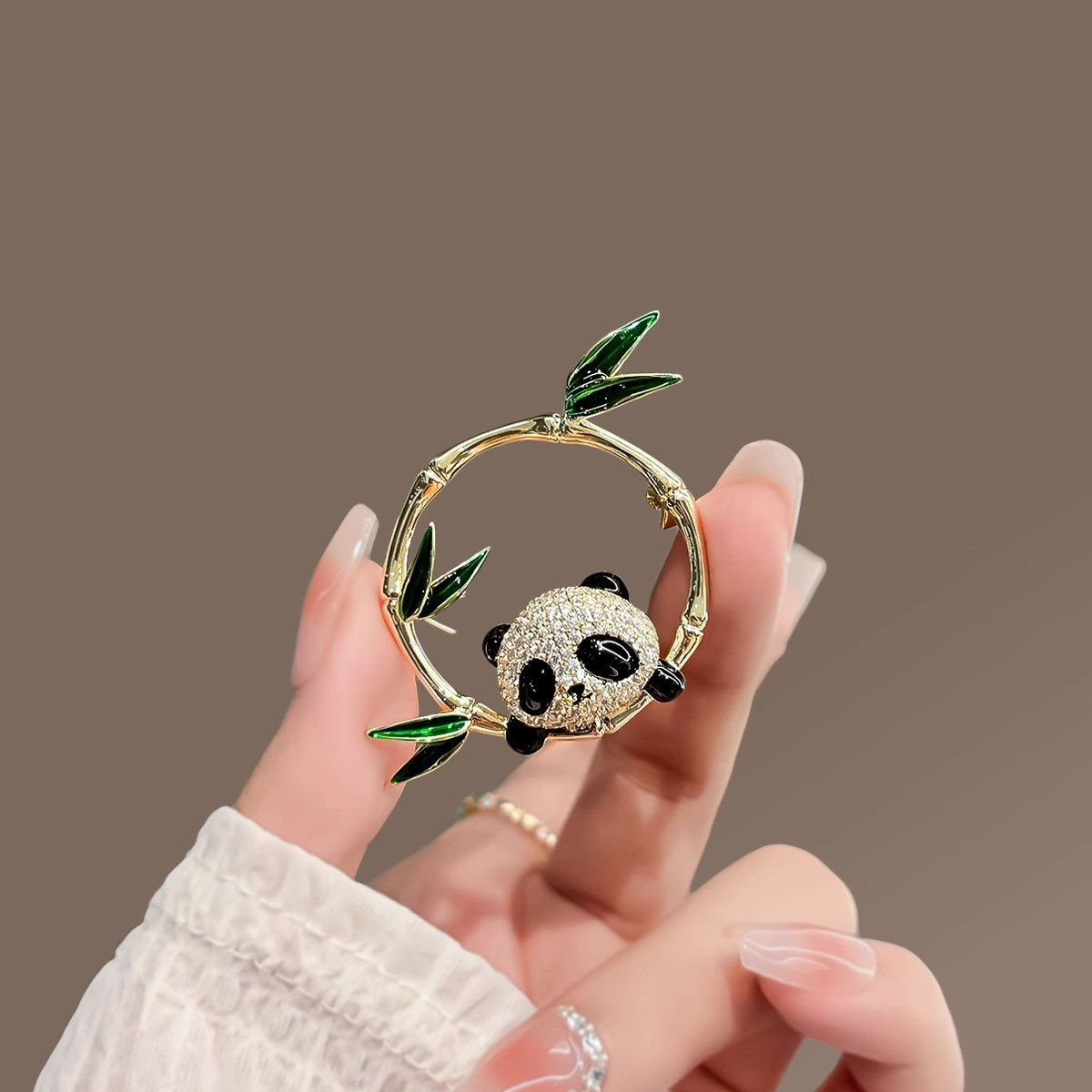 Golden Ring Panda Brooch with Jade Arm lace