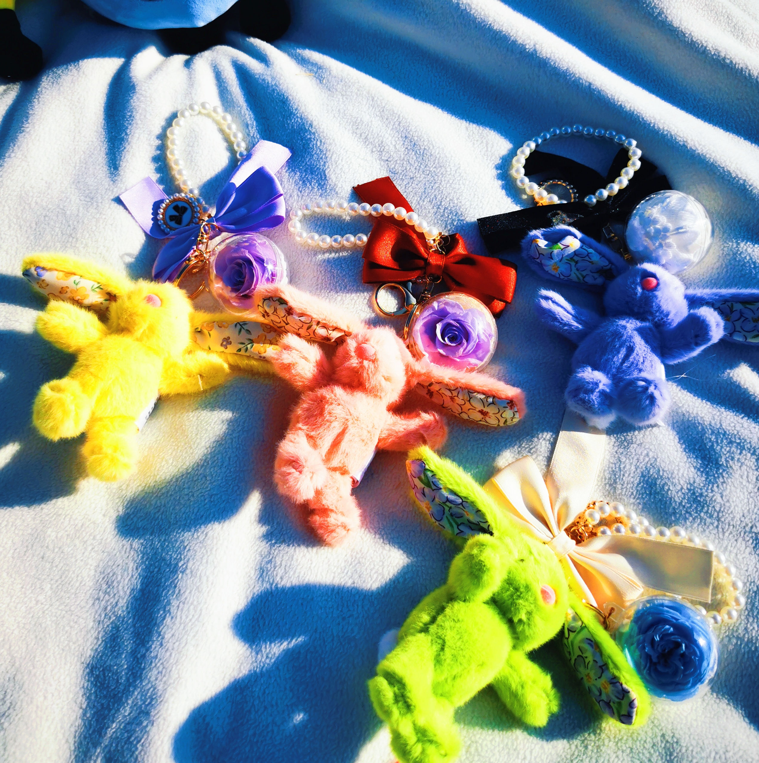 Adorable Mini Colorful Bunny Keychains with Enchanted Rose Orbs – A Symphony of
