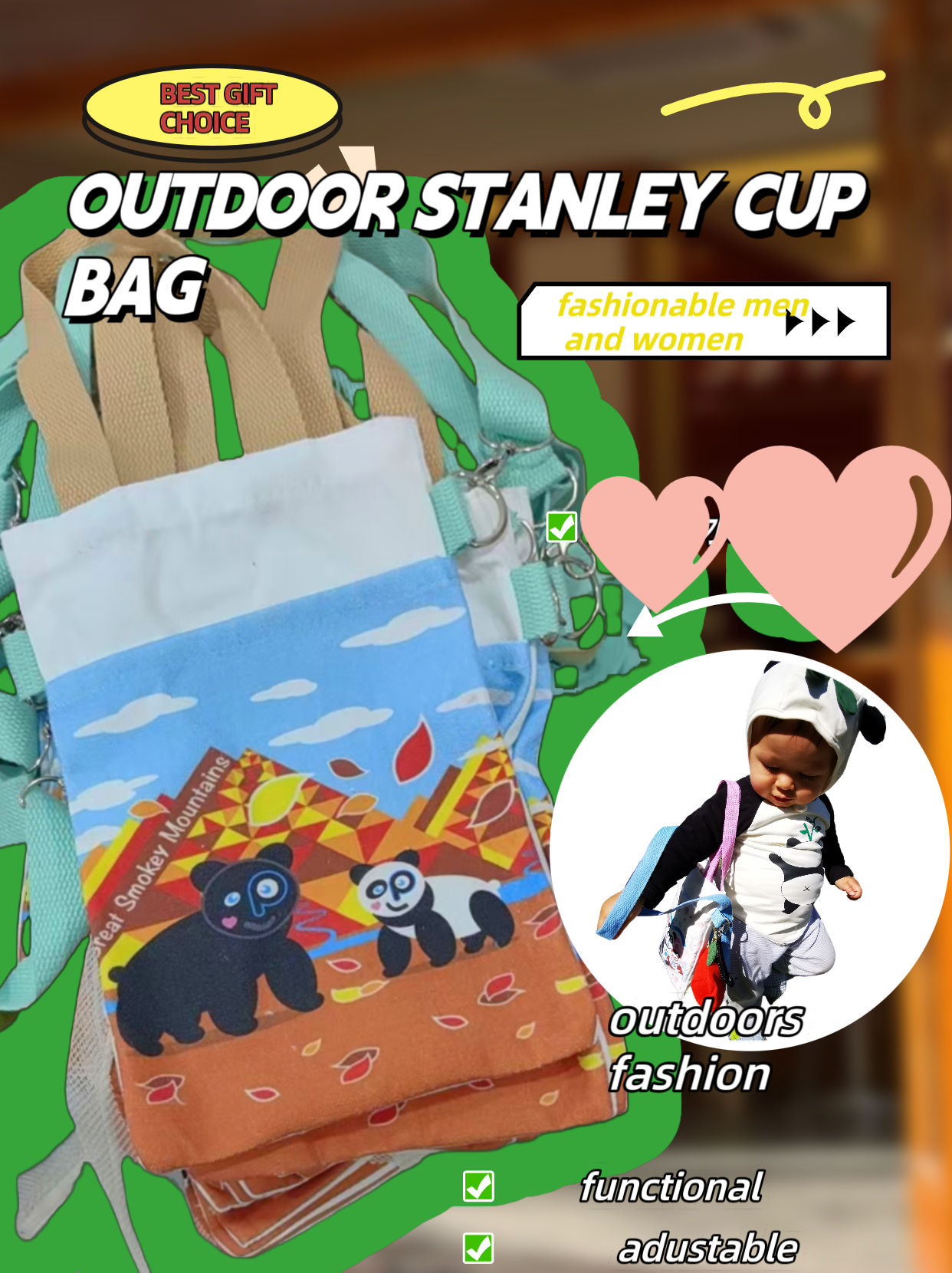 Black Bear and Panda Bear Light Creamy&Light Green Belt Stanly Cup and phone Functional Bag