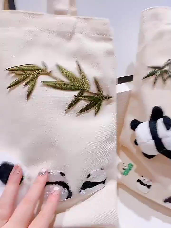Thumbnail: Bright future Handmade Tote adorned with delightful pandas and lush bamboo