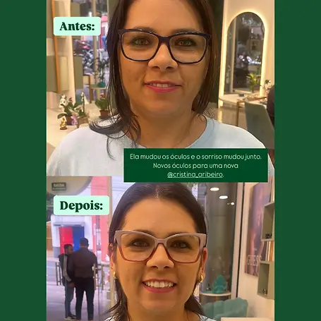 Antes e depois de uma mulher trocando óculos de grau.
