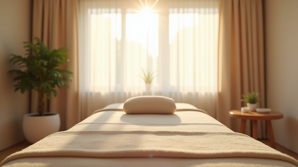 High angle view of a calm therapy room with a massage table and soft natural light