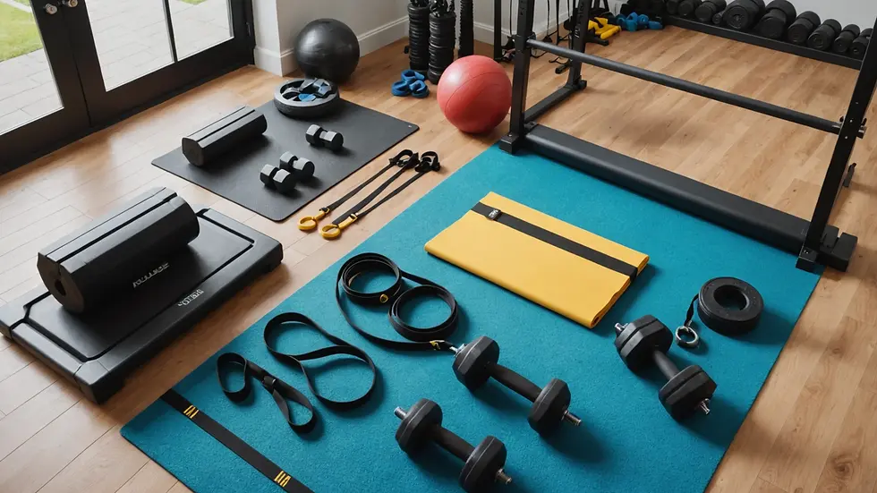High angle view of a well-organized home gym space with resistance bands and weights