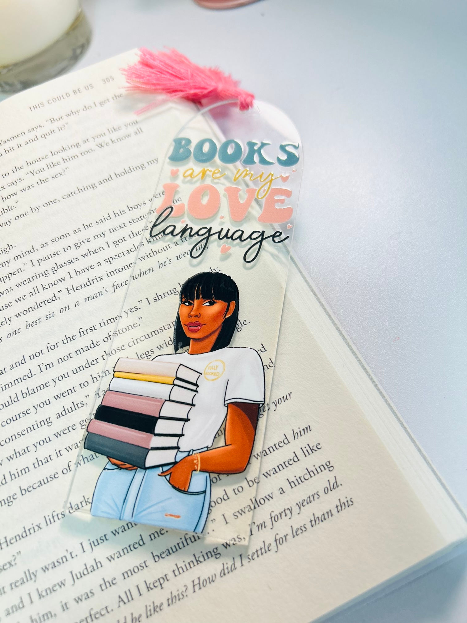 Acrylic Bookmark | Books are my love language| Girl with Bangs
