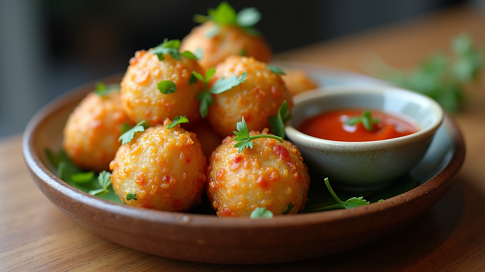 Eye-level view of a plate of chicken rice balls with chili sauce