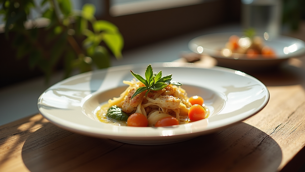 Vue à hauteur d’œil d’un plat gastronomique en lumière naturelle