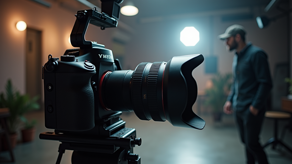 Eye-level view of a professional camera setup in a high-end fashion studio