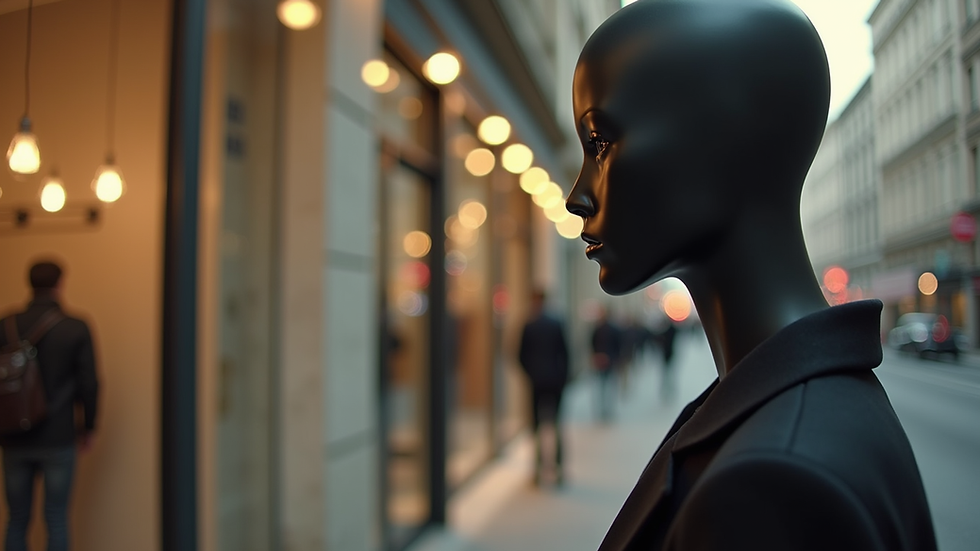 Vue à hauteur d’œil d’un mannequin dans un décor urbain épuré