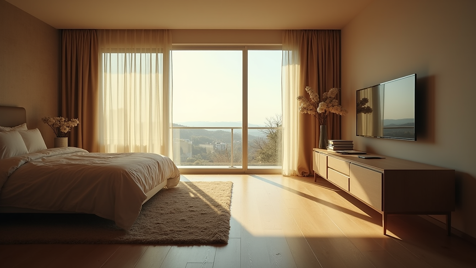 Vue en contre-plongée d’une chambre avec lit double et lumière naturelle