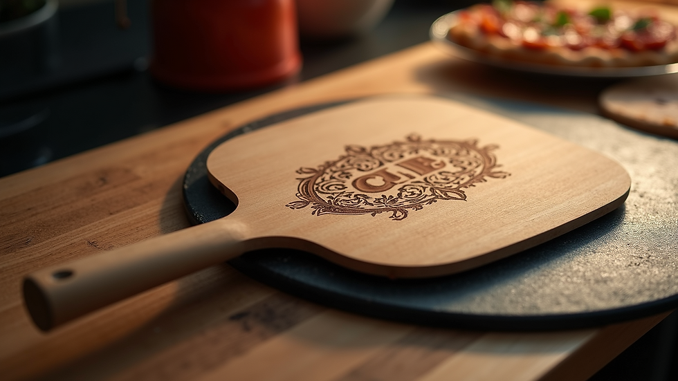 High angle view of a custom pizza peel with engraved design resting on a pizza stone
