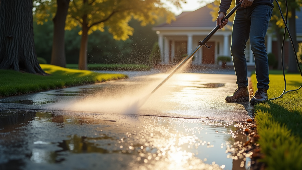 High angle view of a driveway being cleaned with a pressure washer