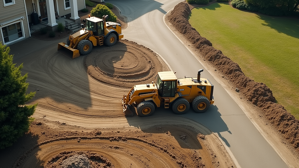 High angle view of construction crew preparing driveway base with heavy machinery