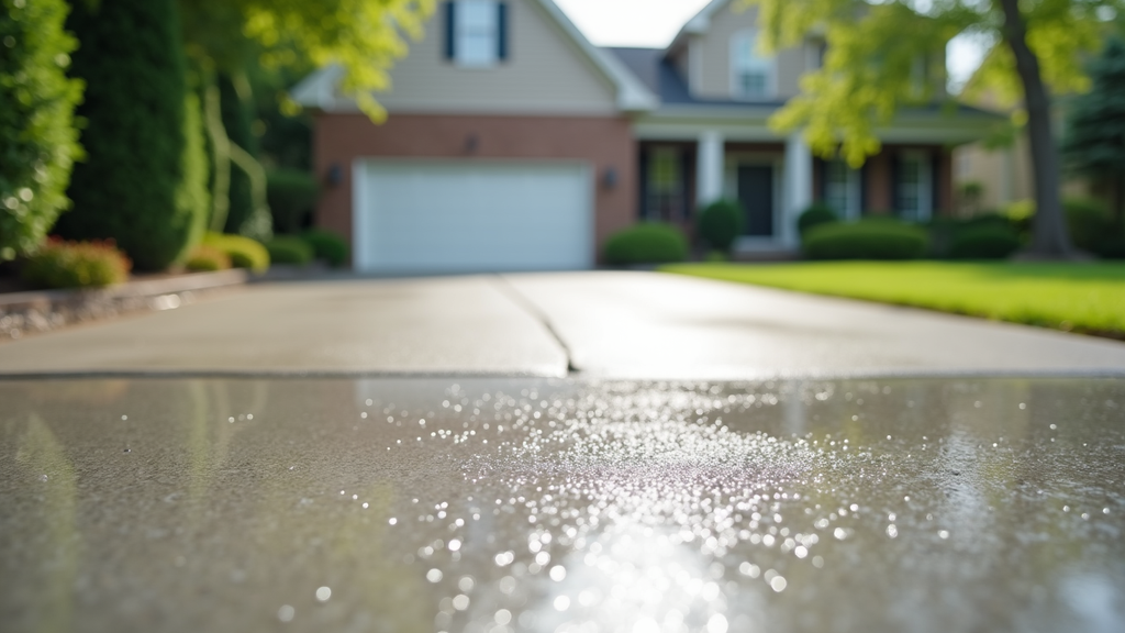 Eye-level view of clean concrete driveway after pressure washing