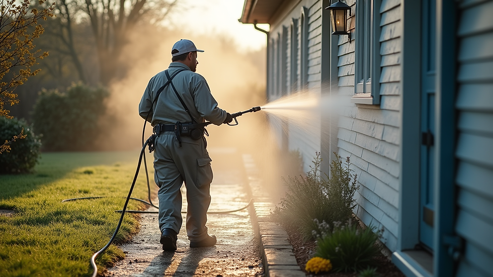 High angle view of a professional power washing a house exterior
