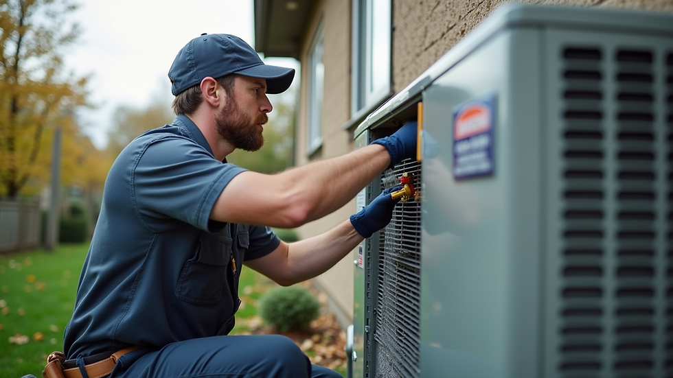 Eye-level view of a professional HVAC technician inspecting an air conditioning unit outside a home