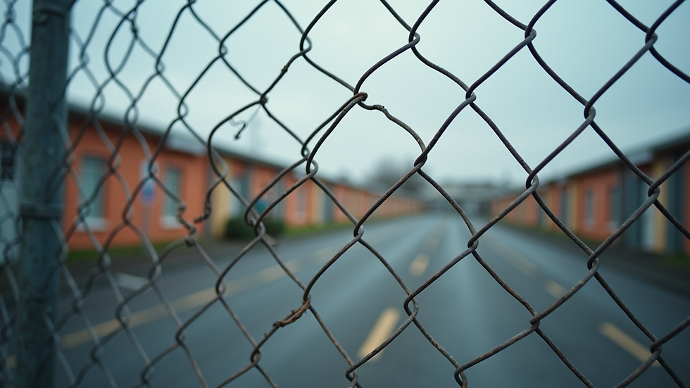 Eye-level view of a sturdy metal fence surrounding a commercial property